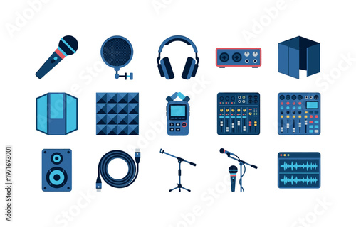 Collection of modern audio recording equipment and accessories for music production