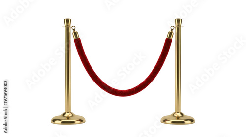 Foto Golden stanchions with red velvet rope isolated