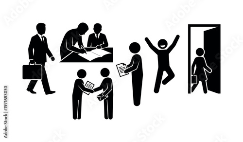 New employee onboarding figure with briefcase, person signing job contract, worker receiving job offer handshake, candidate
