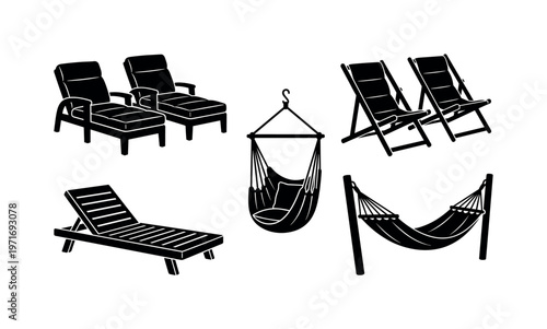Outdoor lounge chairs cushioned, folding deck chairs padded, hanging hammock chair, wooden sun lounger recliner, double hammock