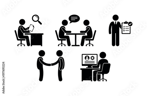 Person reviewing resume document, interviewer sitting across candidate, employee evaluation figure with checklist, onboarding