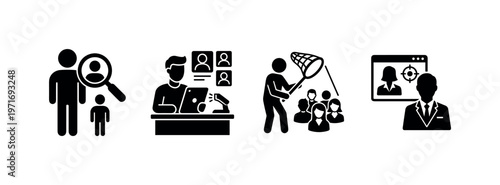 Person using magnifying glass to inspect candidate, HR specialist scanning profiles, recruiter searching talent pool, headhunter