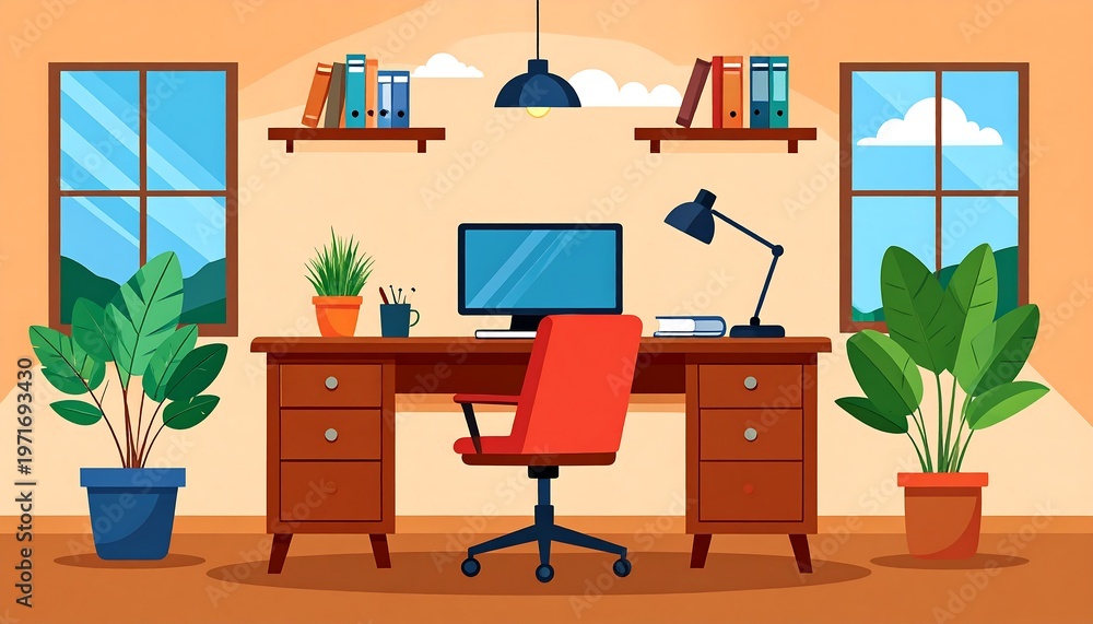Fototapeta premium Cozy Home Office Workspace with Desk, Chair, and Plants.