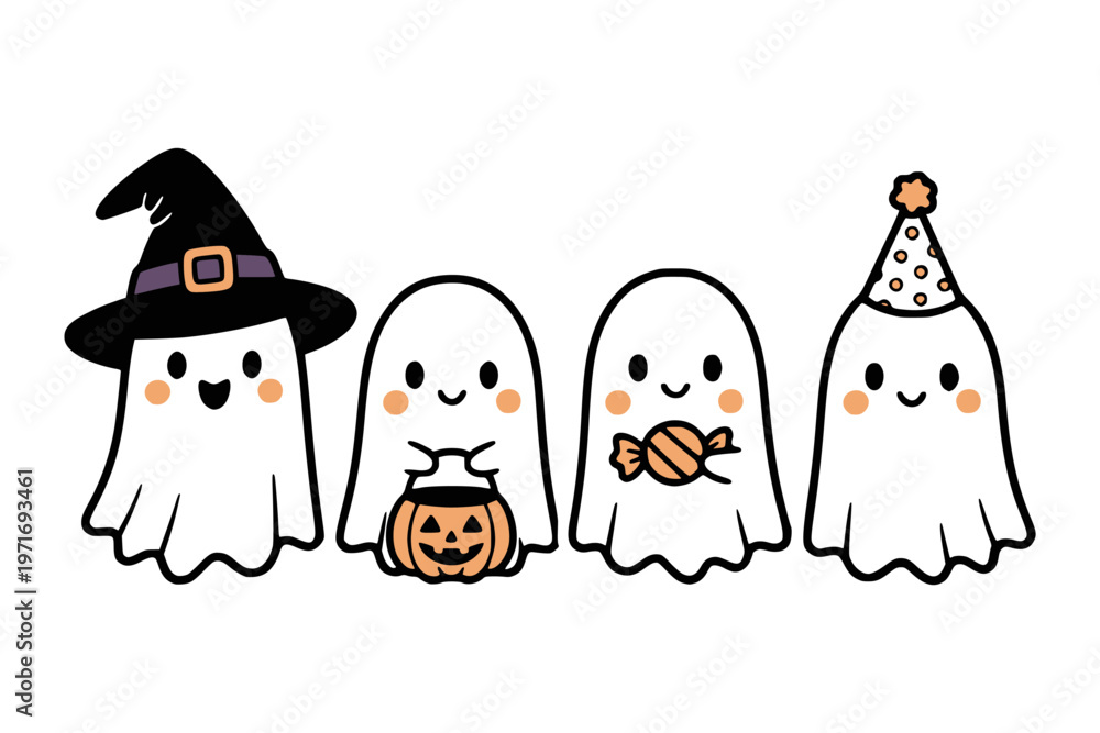 Fototapeta premium Adorable cartoon ghosts with costumes and candy in a minimalist style on white background, concept of festive Halloween fun