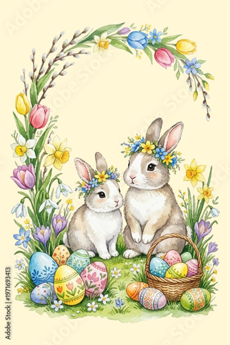 Traditional Ukrainian Petrykivka style Easter egg with vibrant floral ornaments and pussy willow branches. Elegant folk art illustration for holiday greeting cards and spring decor.