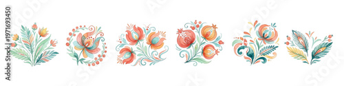Exquisite watercolor set of traditional Ukrainian Petrykivka style motifs. Vibrant floral ornaments, pomegranate designs, and peacock feathers perfect for ethnic branding and folk decor.
