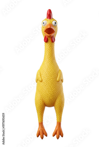 Yellow rubber chicken toy isolated. Funny comedy prop.