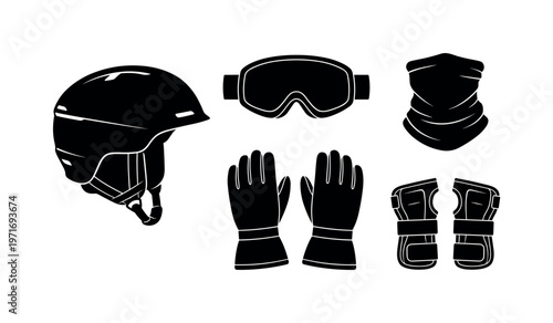 Snowboard helmet protective gear, ski goggles wraparound eyewear, insulated snowboard gloves pair, neck gaiter winter mask,