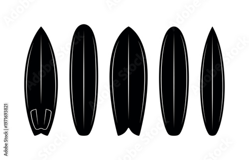 Surfboards in different shapes including shortboard longboard fish board funboard and gun board silhouettes, bold black silhouette
