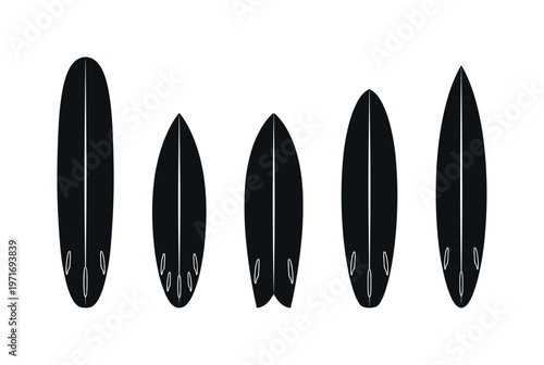 Longboard surfboard with rounded nose, shortboard surfboard with pointed tip, fish surfboard with split tail, funboard surfboard