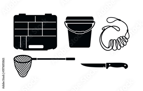 Tackle box organizer with compartments, bait bucket container, fish stringer tool, landing net with handle, fillet knife tool,