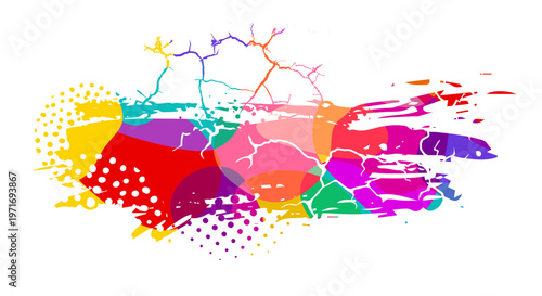 Colored paint blobs with cracks, dots and halftone. Hand drawn. Not AI, vector illustration.
