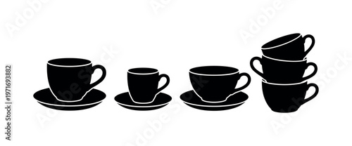 Teacups with saucers set, handle teacup classic shape, small espresso cup style, wide rim tea cup, stackable tea cups silhouette,