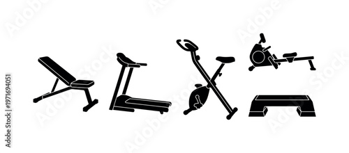 Adjustable weight bench, compact treadmill machine, foldable exercise bike, rowing machine trainer, step platform bench, bold