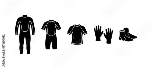Full wetsuit suit silhouette, short sleeve spring suit, rash guard top shirt, neoprene surf gloves pair, surf booties footwear,