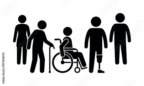 Wheelchair user among standing figures, person with cane beside others, prosthetic limb figure included in group, inclusive
