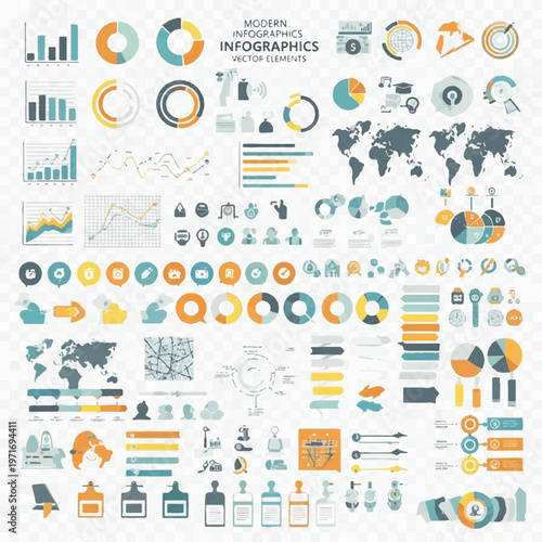 Collection of assorted infographic charts and data visuals for dashboards and presentation templates.