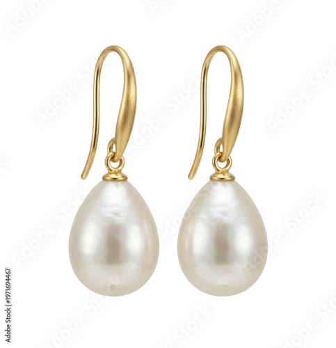Foto Golden pearl drop earrings isolated. Luxury jewelry mockup.