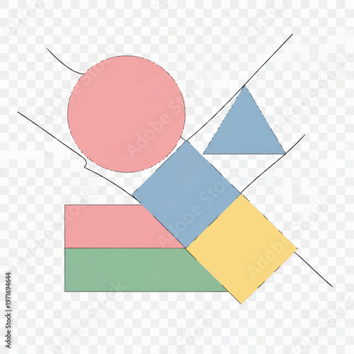 Abstract geometric composition with pastel shapes and overlapping polygons.