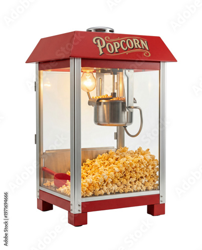 Red vintage popcorn machine isolated. Cinema snack equipment mockup.