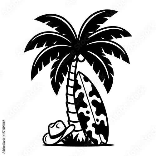 Cowprint Surfboard Leaning Against Palm Tree