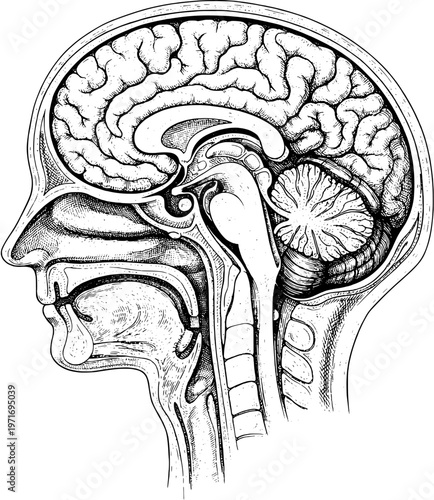 Vintage engraved human brain cross section – detailed anatomical illustration