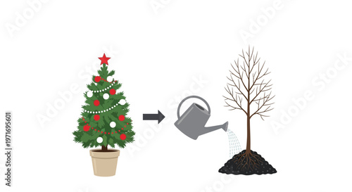 Christmas tree transforms into a bare tree with watering can