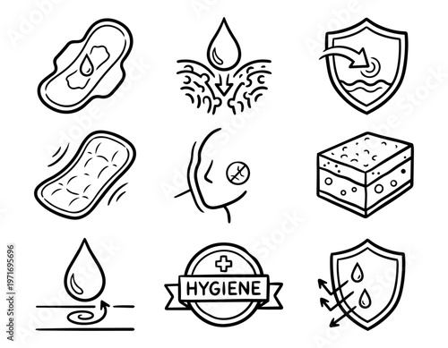 Feminine hygiene absorbent pad icons, minimalist hand drawn sketch set for moisture protection