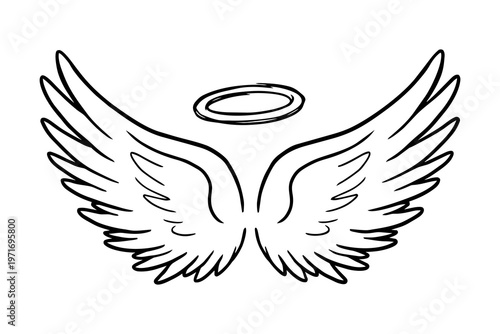 Holy angel wings with nimbus, hand drawn sketch illustration, symmetrical halo design on white background