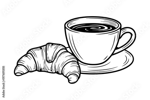 Croissant and cup of coffee, delicious breakfast pastry with hot caffeine drink