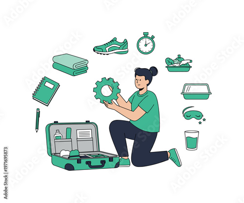 Person organizing travel essentials and personal items for a trip