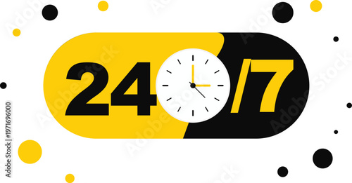 Vector art of 247 twenty four seven service clock icon with black and yellow design