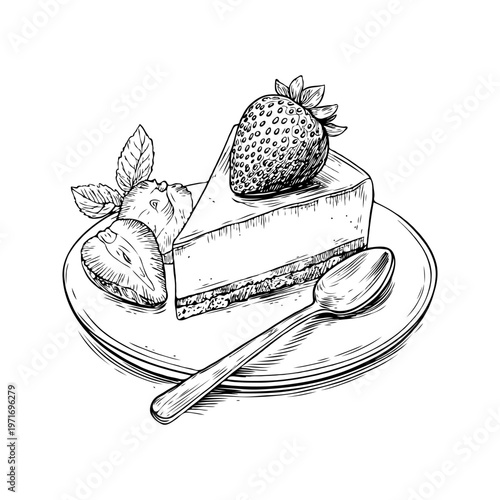Slice of strawberry cheesecake with fresh berries and mint leaves on plate, hand-drawn sketch style on white background, dessert concept