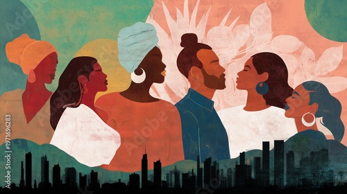 Stock illustration diversity and inclusion showcasing a multicultural community A diverse group of people are standing together in front of a city skyline representing unity and social cohesion.