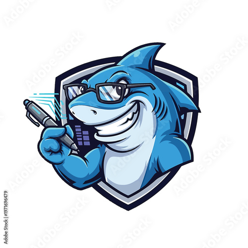 Shark mascot with glasses holding a stylus in tech shield