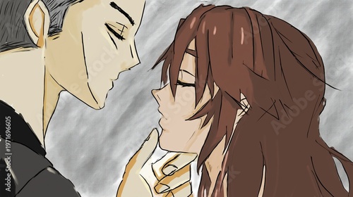 Stock illustration intimacy and connection between a couple sharing a tender moment The artwork showcases a man and woman in close proximity expressing love and affection through a gentle touch.