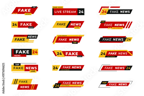 Collection of fake news banner templates in red, yellow and black with live stream and 24 labels. Concept of broadcast graphics, media tags and misinformation content