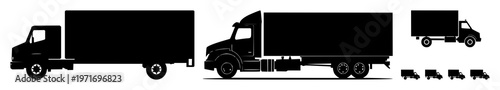 Truck icons set with solid black silhouettes on white background featuring transportation, freight, delivery with line art and minimalist