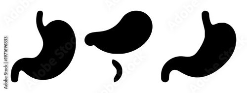 Gastroenterology stomach icon set with solid black design against white background featuring medical anatomy, digestive system, illustrative symbol with line art and silhouette