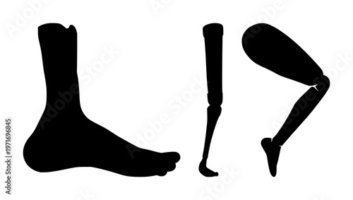 Prosthetic leg set with solid black icon and white background featuring medical devices, limb replacement, skeleton graphics with orthopedic and rehabilitation