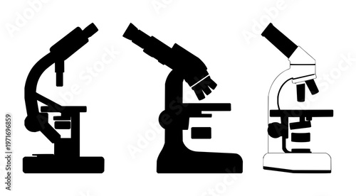 Laboratory microscope set with solid black icon on white background featuring microscope, optics, research with biomedical and science
