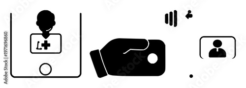 Telehealth video call set with solid black icon on white background featuring video call, telemedicine, health technology with black and white and medical
