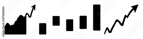 Stock candlestick chart icon set with upward trend silhouette against white backdrop featuring finance, trading, markets with line art and minimalist design