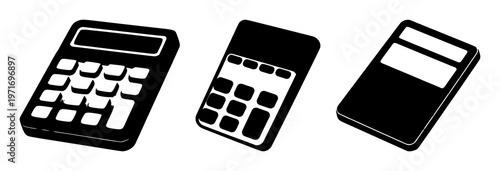 Accounting calculator set with solid black icon on white background featuring accounting, calculator, finance with minimalist and line art