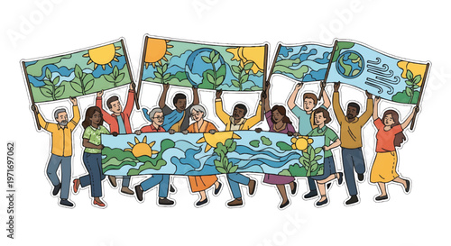 Diverse people holding environmental banners and signs together