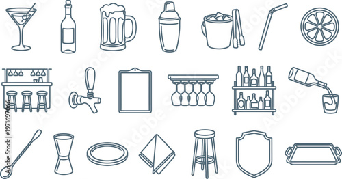 A collection of black line art icons representing various professional bar equipment and alcoholic beverage service supplies