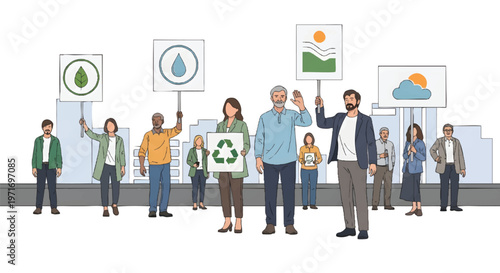 People holding eco friendly signs in a cityscape illustration