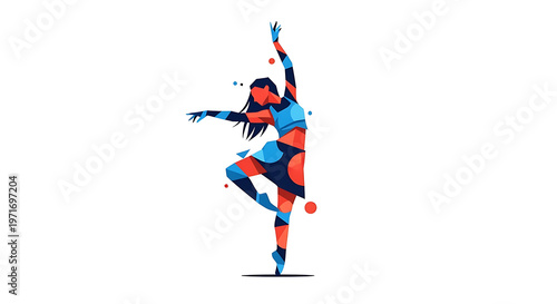 Capturing the spirit of International Dance Day with a stunning abstract illustration of a fluid dancer, rendered in an explosion of vibrant geometric patterns and colors