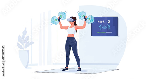 woman lifting dumbbells at home with virtual reality headset on