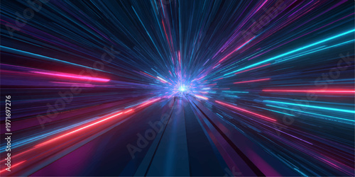 A glowing blue laser burst creates a bright motion blur background with a shiny star pattern and energy rays for a disco space design